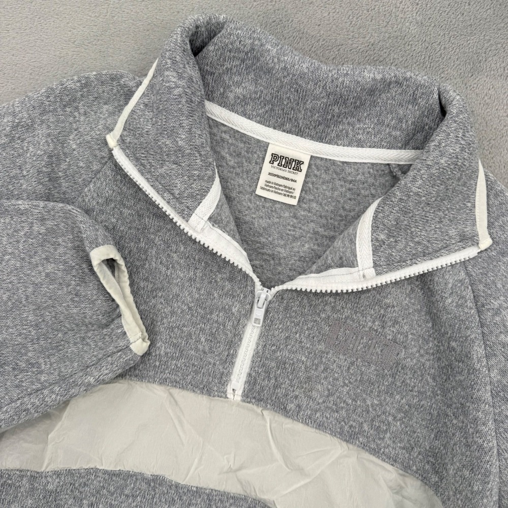 Victorias Secret PINK Sweatshirt Womens XS Gray White Cropped Quarter Zip Casual